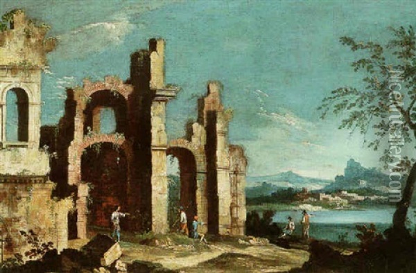 A Mountainous Landscape With Figures Resting By A Set Of Ruins At The Side Of A Lake Oil Painting - Francesco Albotti