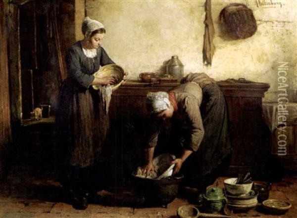 Two Maids Washing Dishes Oil Painting - Hendrik Valkenburg