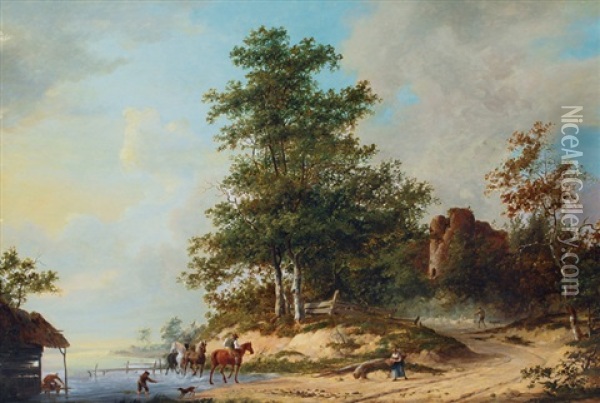 Horsemen In Front Of A Castle Ruin Oil Painting - Jacobus Van Der Stok