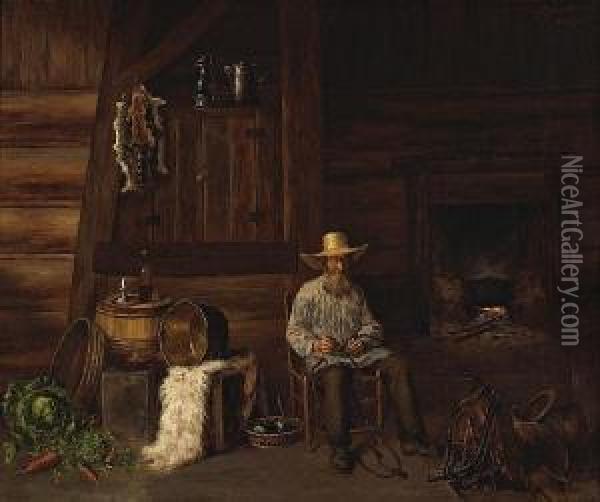 Repairing The Bridle Of A Saddle In A Westerninterior Oil Painting - Henry Raschen