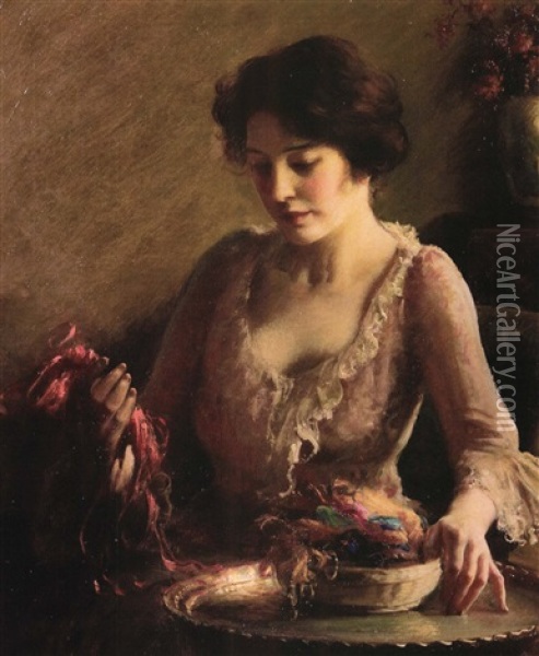 Portrait Of A Woman With A Basket Of Ribbon Oil Painting - Charles Courtney Curran