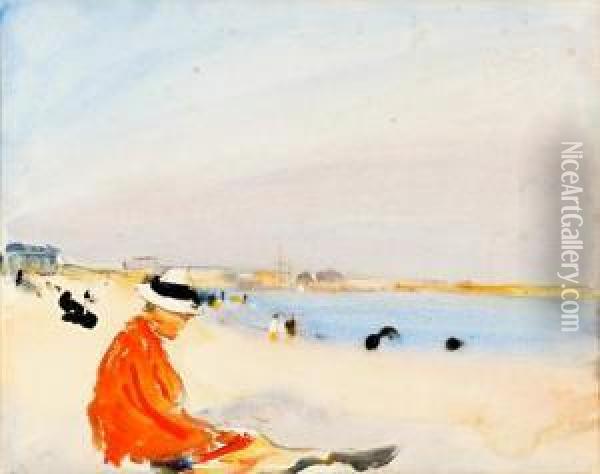 Seated Woman In Red On A Beach Oil Painting - Fred Mayor