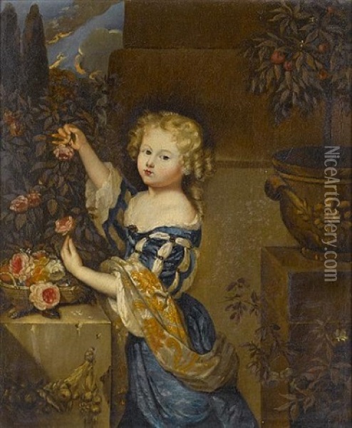 Portrait Of A Young Girl, Small Three-quarter-length, In A Blue Dress With A Gold Wrap, Picking Roses, A Basket Of Flowers On A Stone Plinth At Her Side Oil Painting - Constantyn Netscher