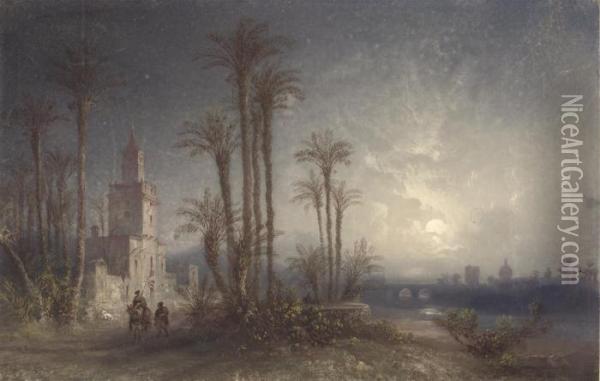 A Moonlit River, Oriental Buildings And Palm Trees, Two Travellersin The Foreground Oil Painting - Carlo Bossoli