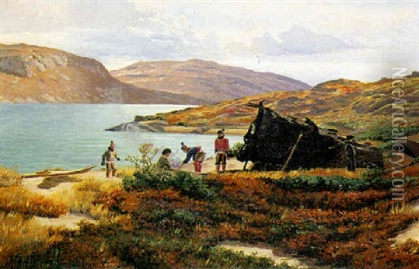 Fjordparti Med Gronlaendere Der Laver Bal Udenfor Deres Hytte Oil Painting - Andreas Christian Riis Carstensen