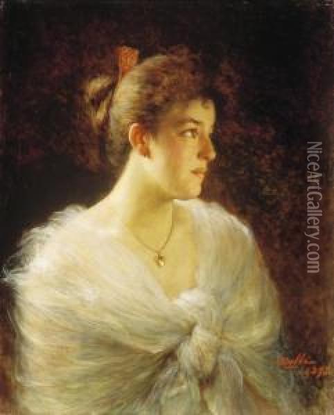 Young Lady In White Dress Oil Painting - Edoardo Gelli
