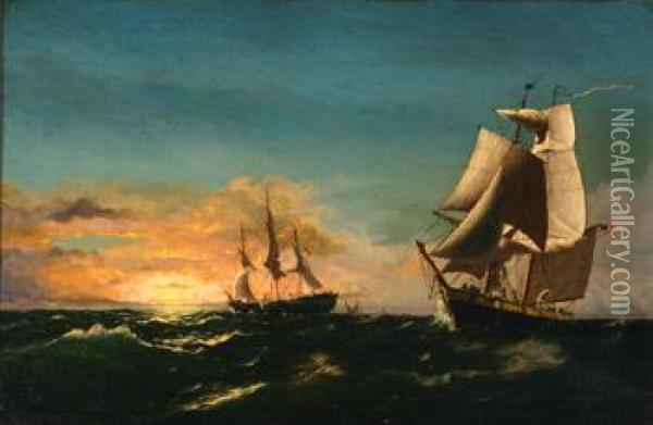Two American Frigates After Battle Oil Painting - James Gale Tyler