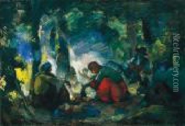 Family Around The Fire Oil Painting - Bela Ivanyi Grunwald