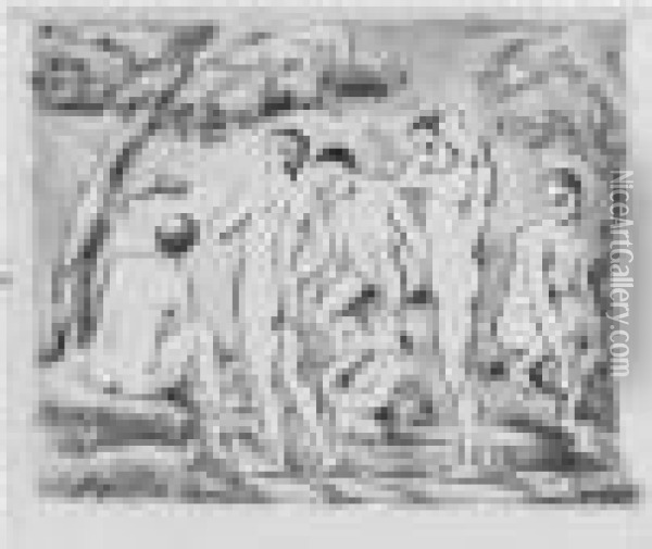 Small Bathers (venturi 1156; Druick 3) Oil Painting - Paul Cezanne