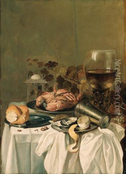 A Crab On A Pewter Dish, An 
Oyster, A Partly Peeled Lemon And Atwist Of Pepper With An Overturned 
Beaker On A Pewter Platter, Aroll And A Knife On A Pewter Plate, A 
Roemer, A Salt, Vine Leaves,grapes And Hazelnuts On A Covered Table Oil Painting - Pieter Claesz.