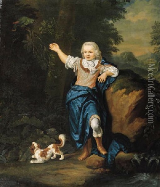 Portrait Of Albert Hendrik Van Swinderen Standing In A Landscape, Wearing A Costume, Pointing With His Right Arm Towards A Parrot Perched On A Branch Above Oil Painting - Jan Abel Wassenbergh
