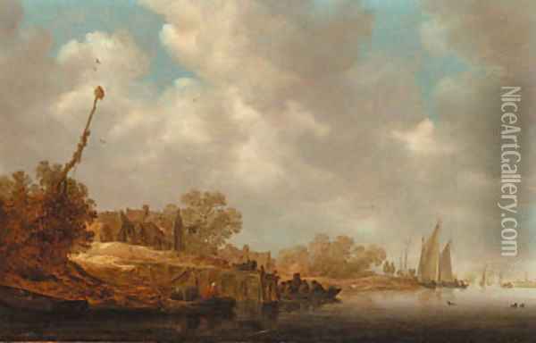 A river landscape with fishermen in boats and a ferry by a village jetty Oil Painting - Jan van Goyen