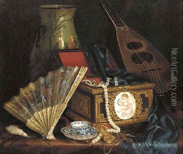 A Jewellery Box, A Fan, An Oriental Vase ,A Mandolin And A Cup And Saucer On A Table Oil Painting - Hungarian School
