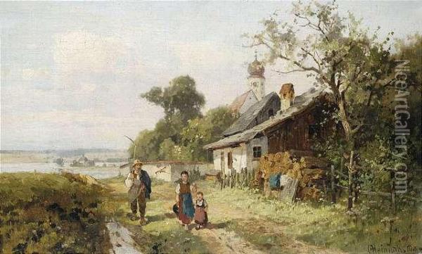 On The Island Ofherrenchiemsee In Bavaria. 
A Peasant Family On Their Wayhome. Oil Painting - Karl Adam Heinisch