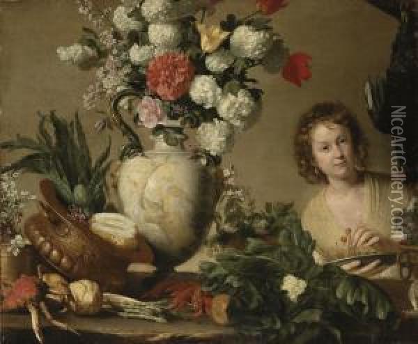 The Gardener: A Lady Holding A 
Bowl Of Cherries, With A Cockereland Vegetables, Shellfish And Flowers 
On A Wooden Table Oil Painting - Bernardo Strozzi