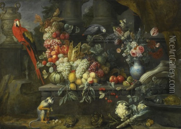 Still Life Of A Garland Of Fruits, Flowers In A Blue And White Vase Upon A Stone Plinth, Together With Vegetables, A Wine Cooler, A Monkey, A Tortoise, A Macaw And A Grey Parrot, Within An Architectural Setting Oil Painting - Joris Van Son