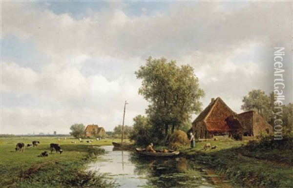 A Polder Landscape With Cattle In A Meadow, Haarlem In The Distance Oil Painting - Willem Vester