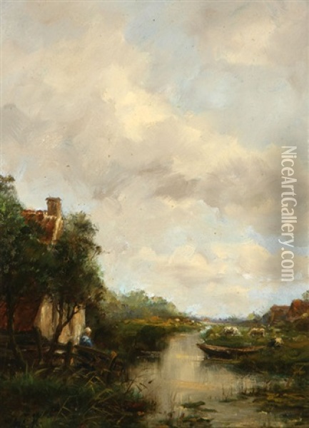 Village With A Stream Oil Painting - Willem George Frederik Jansen