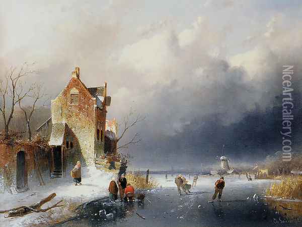 Ice View With Skaters Oil Painting - Charles Henri Joseph Leickert