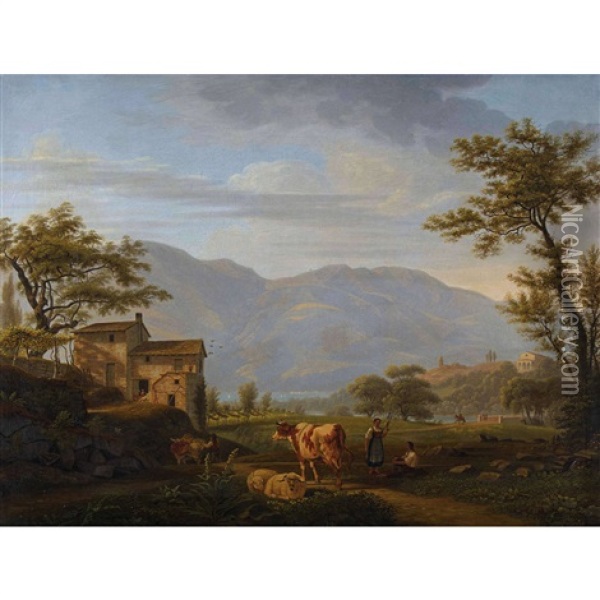 Sommerliche Seelandschaft Mit Hirten Und Vieh Oil Painting - Samuel Birmann