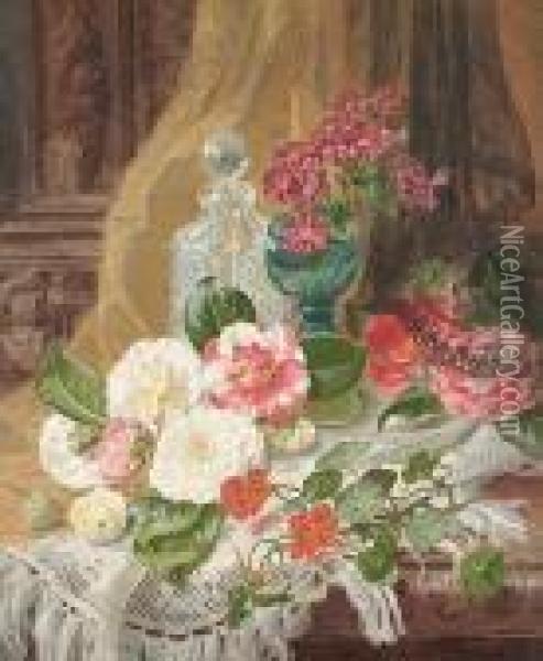 Still Life Of Flowers And A Glass Decanter, On A Table Draped With A White Shawl Oil Painting - Thomas Worsey