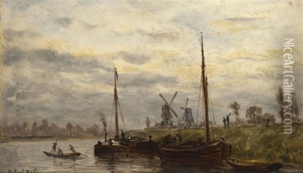 Canal Et Moulins A Vent Pres De Bruges Oil Painting - Robert Charles Gustave Laurens Mols