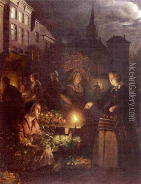 A Woman Buying Vegetables At A Market Stall, Lit By Candlelight Oil Painting - Petrus van Schendel