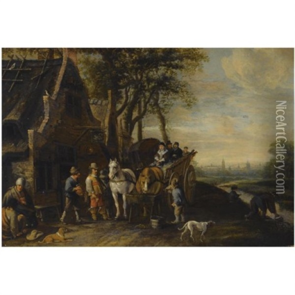 Travellers In A Horse-drawn Wagon And Other Figures Outside An Inn, A View Of Delft With The Oude And Nieuwe Kerk Beyond Oil Painting - Anthonie Palamedesz