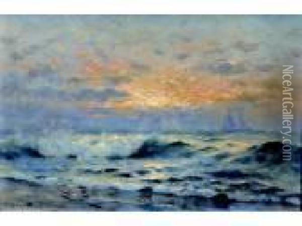 Impressionistic Sunset Coastal Scene With Distant Sailboats Oil Painting - Nels Hagerup