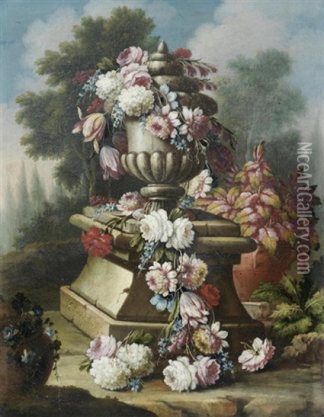 A Garland Of Flowers On A Sculpted Urn, In A Wooded Landscape Oil Painting - Giacomo Nani