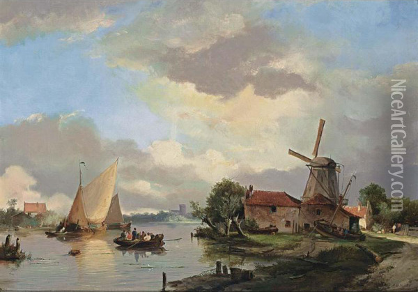 A Summer Landscape With Ships In A Waterway Oil Painting - Adrianus David Hilleveld
