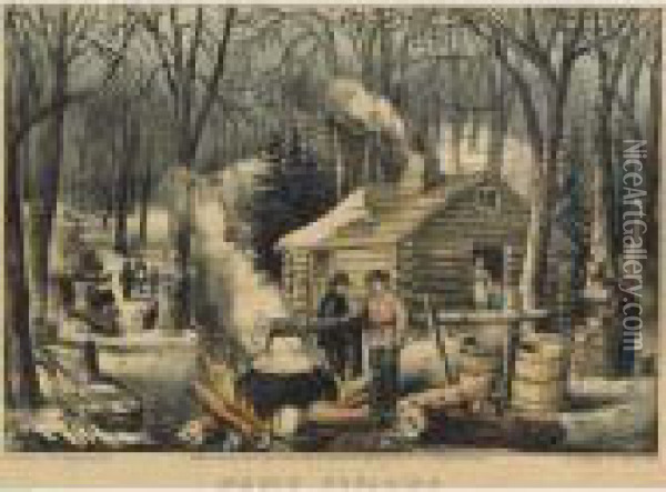 Maple Sugaring: Early Spring In The Northern Woods Oil Painting - Currier & Ives Publishers
