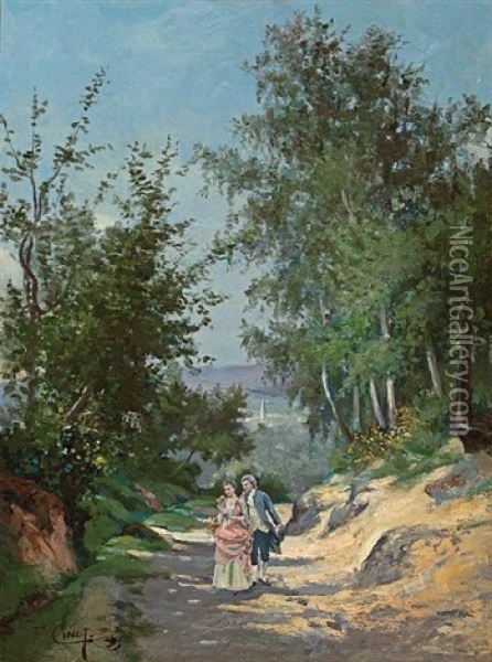 Lovers Walking Along A Shaded Lane Oil Painting - Franck Jean Baptiste Louis Cinot