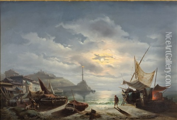 Italienische Nachtliche Hafenszene Oil Painting - Joseph Heinrich Ludwig Marr
