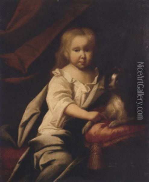 Portrait Of A Child In A White Chemise, With A Dog On A Red Cushion Oil Painting - Caspar Netscher