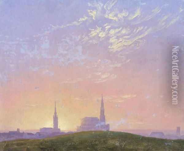 Evening: Sunset behind Dresden's Hofkirche (Abend: Sonnenuntergang hinter der Dresdener Hofkirche) Oil Painting - Caspar David Friedrich