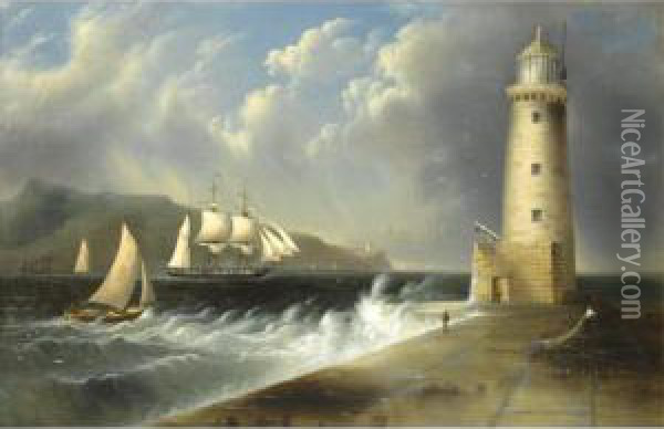 Seascape With Lighthouse Oil Painting - Edmund C. Coates
