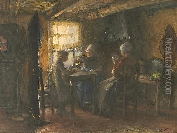 A Cottage Interior With Figures Around A Table Oil Painting - Bernardus Johannes Blommers