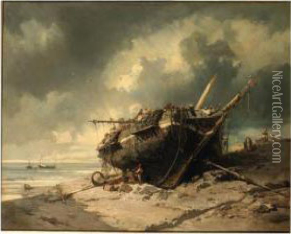 Dismantling A Beached Shipwreck Oil Painting - Charles Hoguet