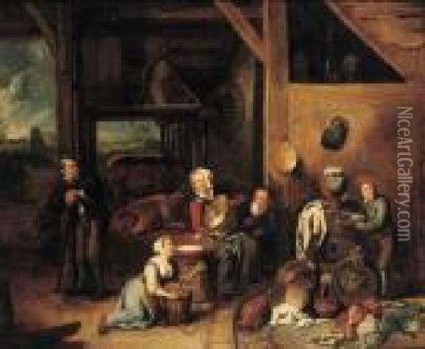 A Peasant Family In A Barn With Vegetables And Kitchen Utensils Inthe Foreground Oil Painting - Gerard Thomas