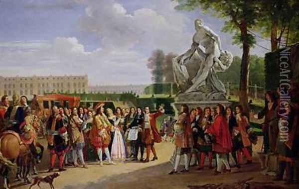 Louis XIV 1638-1715 Dedicating Pugets Milo of Crotona in the Gardens at Versailles Oil Painting - Anicet-Charles-Gabriel Lemonnier