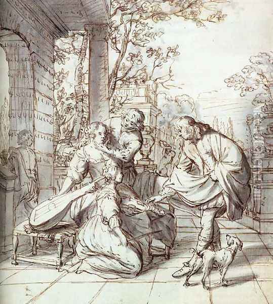 Elegant Company on a Terrace c. 1680 Oil Painting - Johannes Verkolje