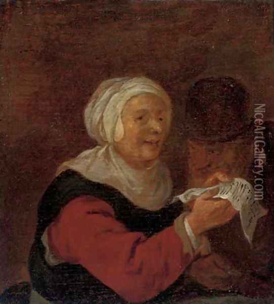 A woman reading a letter to a man in an interior Oil Painting - Adriaen Jansz. Van Ostade