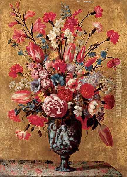 Tulips, carnations, roses, anemones, gladioli, lilac, morning glory and other flowers in a sculpted urn, on a tabletop Oil Painting - dei Fiori (Nuzzi) Mario