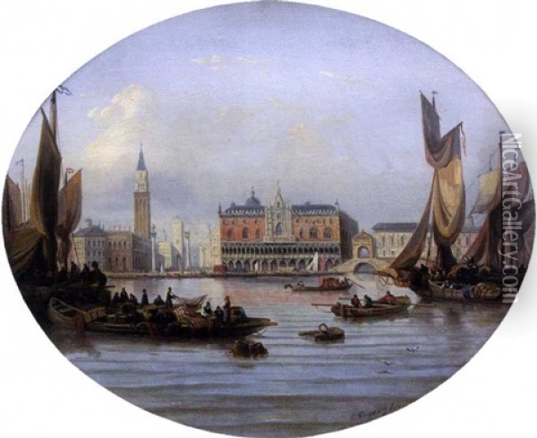 Barques De Pecheurs Et Pecheurs A Venise Oil Painting - Charles Euphrasie Kuwasseg