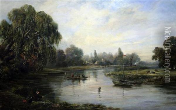 Punt And Angler Along The Thames Oil Painting - Harriett Gouldsmith