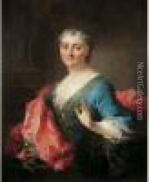 Portrait De Jeune Femme A La Robe Bleue Et A La Draperie Rose Oil Painting - Robert Tournieres