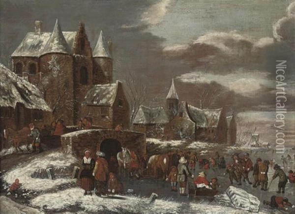 A Winter Landscape With Figures On A Frozen River Before Atown Oil Painting - Thomas Heeremans