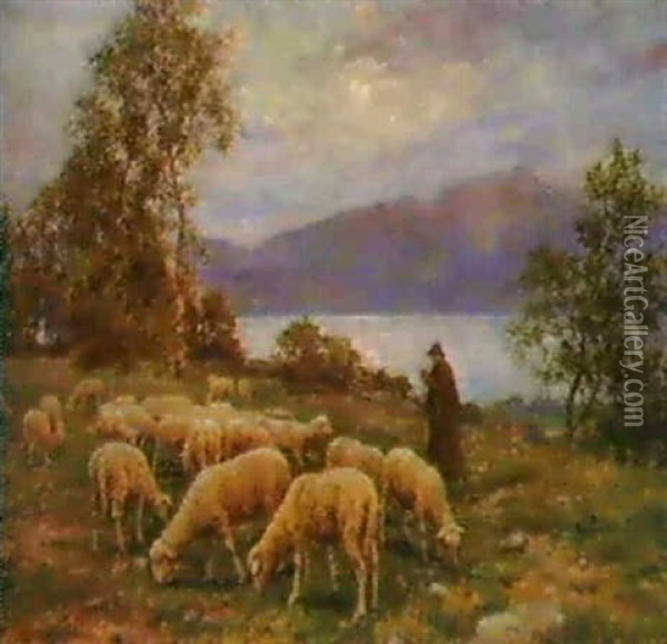 Le Berger Sur Les Rives Du Lacleman, 1895 Oil Painting - Albert Charpentier