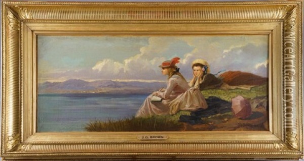 Elegantes Contemplant Un Lac De Montagne Oil Painting - John George Brown